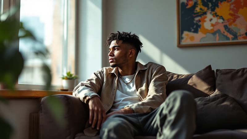 A young Gen-Z male with anxiety sitting in a slouched position in a contemplative mood.